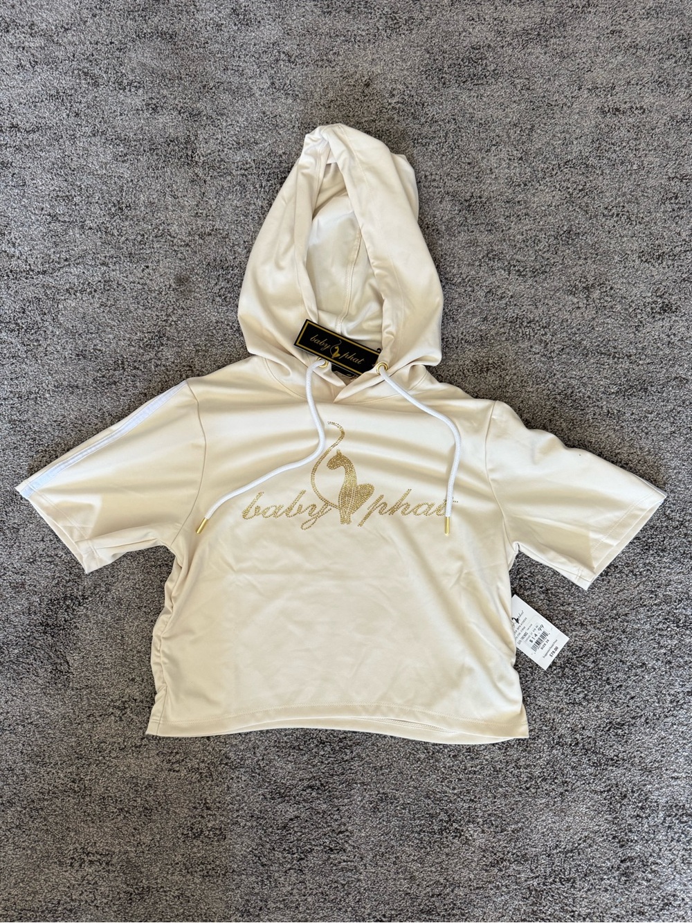 NWT Baby Phat Rhinestone Cat Logo Hoodie 3X Cream Gold Y2K McBling Short Sleeve